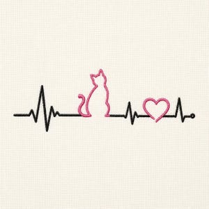 May include: An embroidery design featuring a black horizontal heartbeat line on a white fabric background. The design incorporates a pink outline of a sitting cat and a pink heart shape integrated into the continuous pulse line pattern.