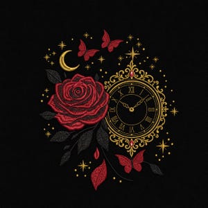 May include: Embroidered design on black fabric featuring a red rose, butterflies, and a clock with Roman numerals. Gold accents include a crescent moon and stars. The design has a gothic or romantic theme.