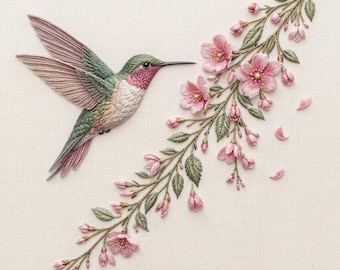 Hummingbird Sakura Embroidery Design, Pink Cherry Blossom Floral Bird (Instant Download)