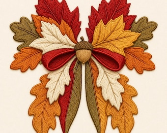 May include: An embroidered patch featuring a central brown acorn surrounded by a symmetrical arrangement of autumn leaves in shades of red, orange, yellow, and olive green, accented by two red fabric loops forming a bow shape at the center.