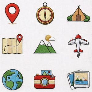 May include: A collection of embroidered travel-themed icons on a white background. The icons include a red location marker, a compass, a tent, a map, mountains, an airplane, a globe, a camera, and two photos.