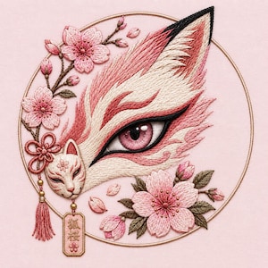 Fox Spirit Sakura Embroidery Design, Kitsune Mask Floral Art (Digital Download)