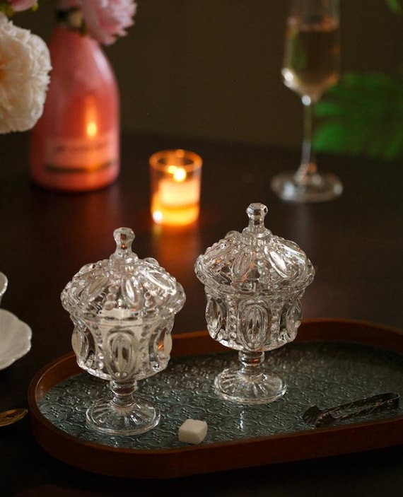 Vintage Embossed Glass Candy Dish with Lid, Footed Crystal Trinket Jar, Aesthetic Jewelry Storage,