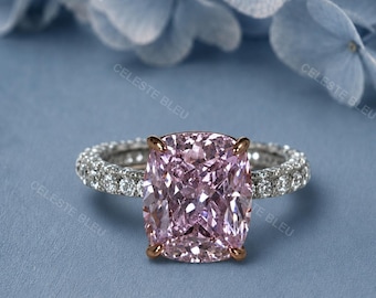 Fancy Pink Elongated Cushion Cut Engagement Ring | Sterling Silver Full Pave Band | Pink Gemstone Statement Ring