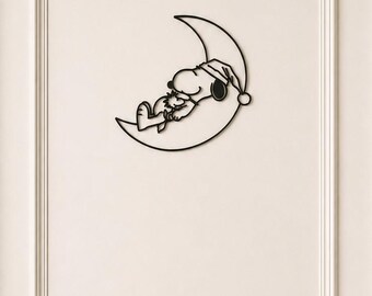 May include: Black metal Snoopy silhouette sleeping on a crescent moon, wearing a nightcap. The artwork is mounted on a white door. The door has a black handle.