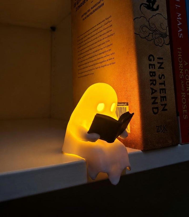 Glowing reading ghost | Cute bookshelf decoration | Halloween ghost lamp with a book image 1