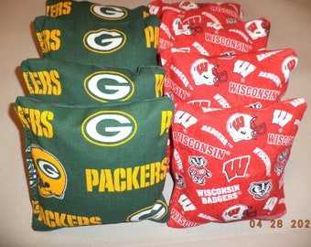 8 CORNHOLE BEAN BAGS CORN HOLE WISCONSIN BADGERS GREEN BAY PACKERS all weather