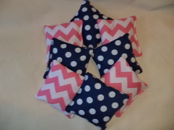 Cornhole bags navy stripes pink polka dots 8 corn hole bean bags Wedding bean bags