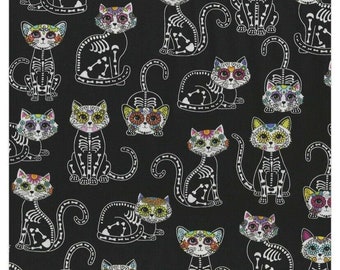 Sugar skull Kitty cat fabric by the 1/2 yard 18 x 42 wide cotton