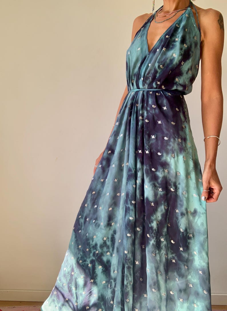 Tie dye silk dress halter boho dress event summer dress wedding guest dress free size sundress embroidered maxi dress for the beach vacation image 9