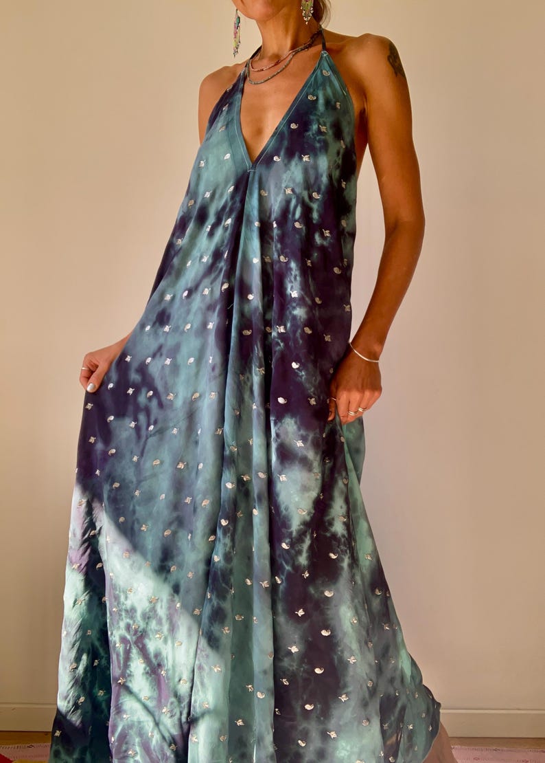 Tie dye silk dress halter boho dress event summer dress wedding guest dress free size sundress embroidered maxi dress for the beach vacation image 17