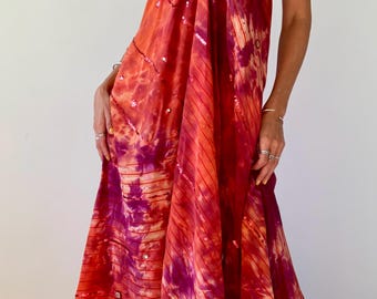 Sequined sundress for event Occassion party halter dress tie dye silk long boho dress with embroidery wedding guest dress