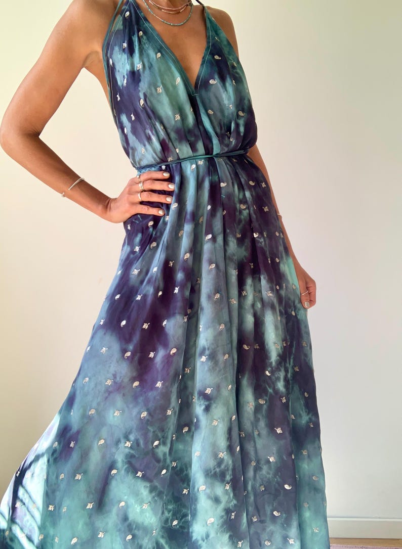 Tie dye silk dress halter boho dress event summer dress wedding guest dress free size sundress embroidered maxi dress for the beach vacation image 4