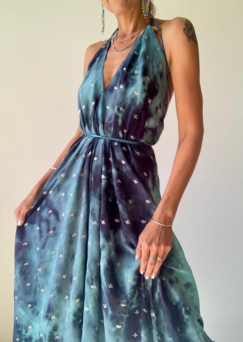 Tie dye silk dress halter boho dress event summer dress wedding guest dress free size sundress embroidered maxi dress for the beach vacation image 1
