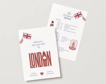 Puede incluir: Dos tarjetas blancas con temática de Londres. Una tarjeta dice "AMELIA'S HEN-DO TRIP TO LONDON" en texto rojo, con un gráfico del Big Ben. La otra tarjeta tiene un horario con un gráfico de la bandera de la Union Jack.