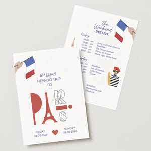 May include: Two white cards with a French theme. One card reads "AMELIA'S HEN-DO TRIP TO PARIS" with a red Eiffel Tower illustration and the French flag. The other card has a schedule with a French theme.