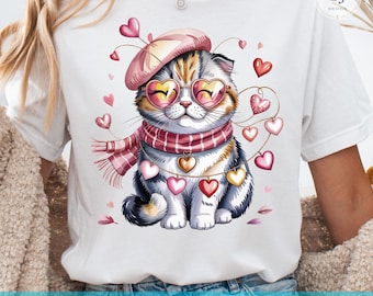 Valentine Scottish Fold Cat PNG, Heart Glasses Clipart (Digital Download)