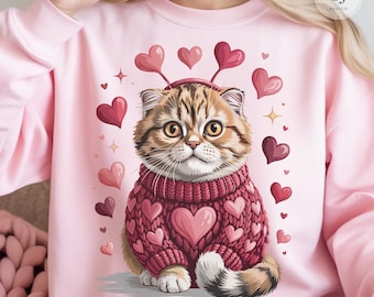 Valentine Cat Heart Sweater PNG, Cute Kitten Clipart for Sublimation, Shirts, Mugs, Cards & Pillows