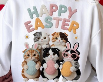 Happy Easter Cats PNG, Crochet Egg Kittens, Spring Shirt Design (Digital Download)