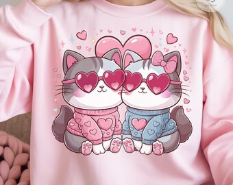 Valentine Cats Png, Kawaii Kitty Couple Png, Heart Sunglasses Png, Pink And Blue Heart Sweater Png, Cute Cat Lovers Png