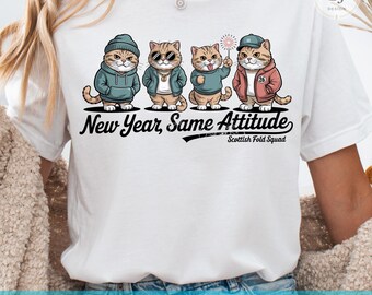 New Year Scottish Fold Cat T-Shirt Design, Distressed Cartoon PNG (Digital Download)