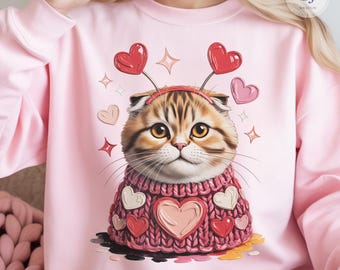 Valentine Cat in Heart Sweater PNG, Cute Kitten Clipart for Sublimation, Shirts, Mugs & Cards