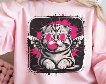 Valentine Cupid Cat PNG, Retro Angel Kitty, Heart Glasses (Digital Download)