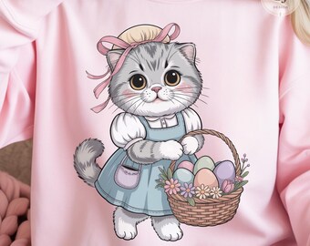 Easter Tabby Cat Girl PNG, Kawaii Pastel Eggs Clipart (Digital Download)