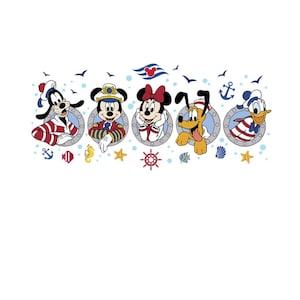 May include: A nautical-themed illustration featuring Disney characters Goofy, Mickey Mouse, Minnie Mouse, Pluto, and Donald Duck. Each character is framed in a circular porthole, surrounded by nautical elements like anchors, starfish, and a ship's wheel, all set against a white background.