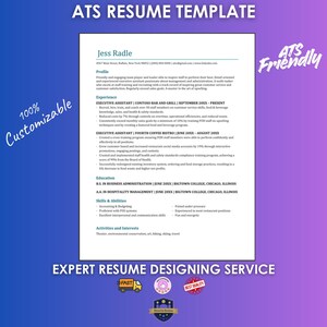 May include: A resume template with the text "ATS Resume Template" at the top. The resume is on a gradient purple and blue background. The text "100% Customizable" and "ATS Friendly" are also visible.