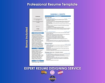 May include: A professional resume template document featuring the name Sandra S. Drotts, work experience, personal statement, skills, and education sections. The document includes text labels such as Professional Resume Template and Bonus Included.