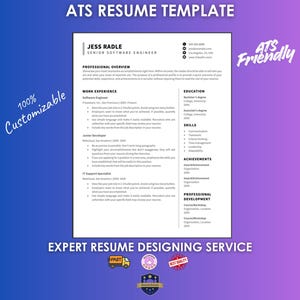 May include: A white resume template with the text "ATS Resume Template" at the top. The resume includes sections for professional overview, work experience, education, skills, and achievements. The text "100% Customizable" is on the left.
