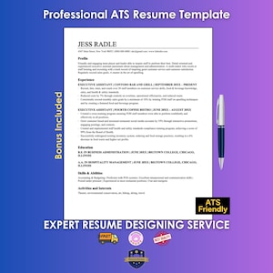 May include: A professional ATS resume template document featuring the name JESS RADLE at the top, followed by sections for Profile, Experience, Education, and Skills. A silver and blue pen is positioned to the right of the document.