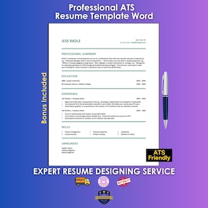 May include: A white document titled Professional ATS Resume Template Word with sections for Professional Summary, Education, Experience, Skills, and Languages. A silver pen is placed to the right. Text includes Bonus Included and ATS Friendly.