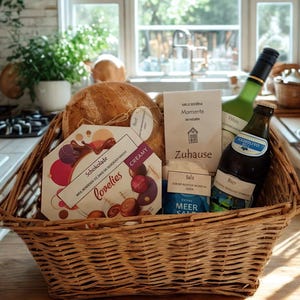 Könnte beinhalten: Ein Weidenkorb gefüllt mit Brot, Pralinen, Wein und Bier. Der Korb enthält auch Meersalz und eine Karte mit Text. Die Artikel sind auf einer Holzoberfläche angeordnet.