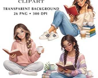 Book Lover Clipart PNG Set | Cozy Reading Girl Illustrations (Digital Download)