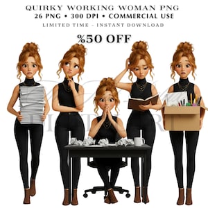 以下が含まれることがあります： さまざまな仕事に関連するポーズをとる女性の5つの画像が特徴のデジタルイラスト。彼女は黒いタートルネック、黒いパンツ、茶色のブーツを着用しています。上部のテキストは「QUIRKY WORKING WOMAN PNG」と「%50 OFF」と表示されています。