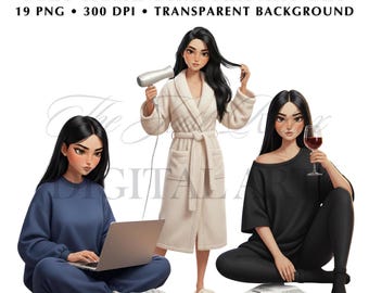 Mysig vinterhygge Clipart, flicklivsillustration, avslappnad kvinna png, klistermärkespaket