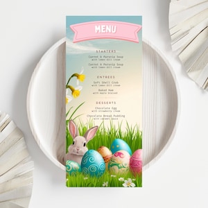 Redigerbar påskmeny | Pastellfärgade ägg, kaniner, blommor (digital nedladdning)