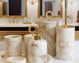 Handmade Marble Bathroom Set 7 Piece Honey Color  | Luxury Bathroom Accessories - Housewarming Gift