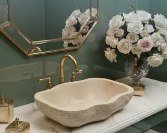 Lavabo ovalado orgánico de mármol rústico - Lavabo de travertino tallado a mano de lujo para tocador de baño - Decoración japonesa y campestre