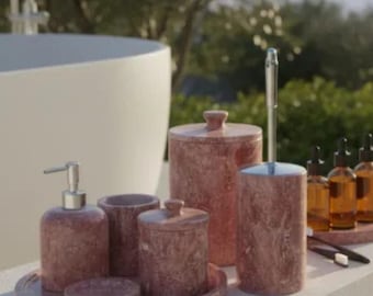 Handmade Marble Bathroom Set 7 Piece Rosa Pink Color  | Luxury Bathroom Accessories - Housewarming Gift