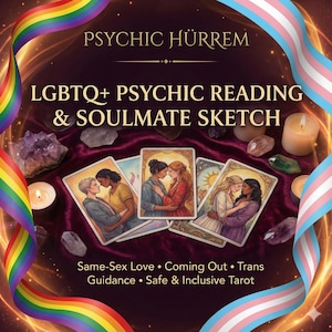 May include: An advertisement for LGBTQ+ psychic readings and soulmate sketches. The image features tarot cards with illustrations of same-sex couples, surrounded by crystals, candles, and rainbow and transgender pride flags. Text includes "PSYCHIC HÜRREM" and "LGBTQ+ PSYCHIC READING & SOULMATE SKETCH."