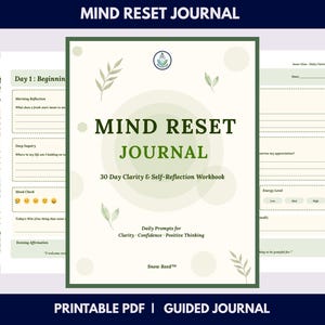 Op de afbeelding: Een afdrukbaar PDF-dagboek met de titel "MIND RESET JOURNAL" met een groen en wit ontwerp. De omslag bevat de titel, een bloemmotief en de tekst "30 dagen helderheid & zelfreflectie werkboek". Het dagboek bevat dagelijkse prompts voor helderheid, zelfvertrouwen en positief denken.