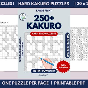 May include: A printable PDF with over 250 Kakuro puzzles, each on a 20x20 grid, designed for adults, teens, and seniors. The cover features a hand holding a pencil, with the text "250+ KAKURO" and "Instant Download". Includes solutions.