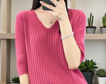 Striped Knit V-Neck Top • Short Sleeve Slim Fit Summer Pullover