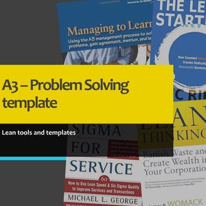 May include: A collection of business and management books. The titles include "Managing to Learn", "The Lean Startup", "Toyota Way to Lean Leadership", "Lean Six Sigma", and "The Spirit of Aizen". A yellow banner reads "A3 - Problem Solving template".