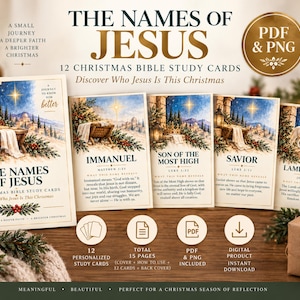 Pode incluir: Um conjunto de 12 cartões de estudo bíblico de Natal intitulados The Names of Jesus, com ilustrações em aquarela de uma manjedoura, um cordeiro e uma estrela. Os cartões incluem texto, referências bíblicas e conteúdo devocional em PDF e PNG.