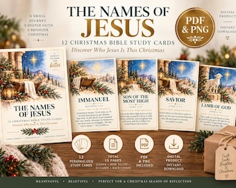 May include: A set of 12 Christmas Bible study cards titled The Names of Jesus, featuring watercolor illustrations of a manger, a lamb, and a star. The cards include text, scripture references, and devotional content. Includes PDF and PNG files.