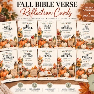 May include: A set of ten rectangular cards titled Fall Bible Verse Reflection Cards, each featuring autumn-themed illustrations of pumpkins, sunflowers, and lanterns. The cards contain inspirational text, scripture references, and reflection prompts.